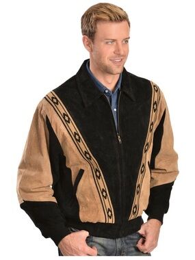 Scully Black and Tan Suede Bomber Jacket with Western Trim